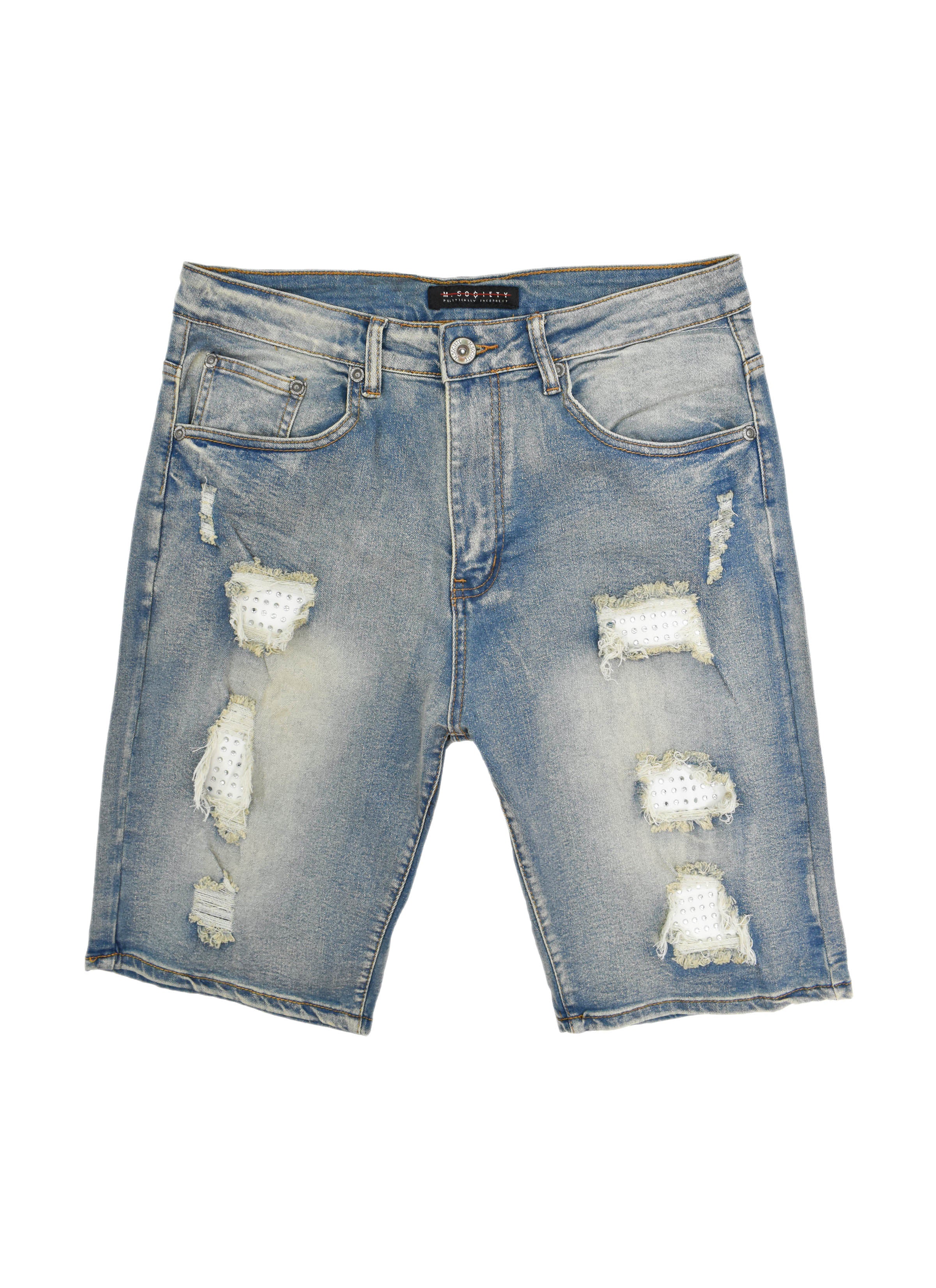 MS21513 Ripped Rhinestone Denim Shorts