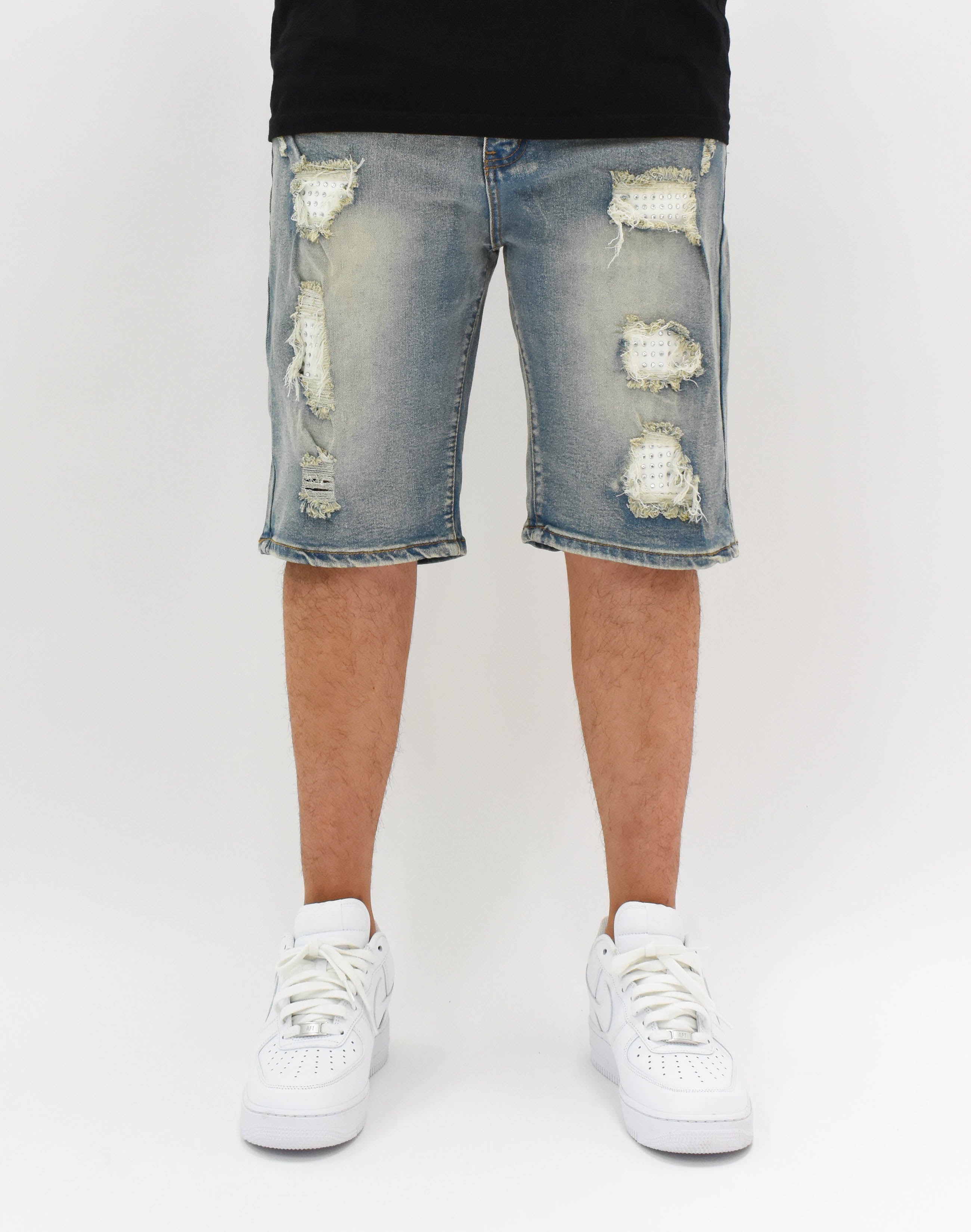 MS21513 Ripped Rhinestone Denim Shorts