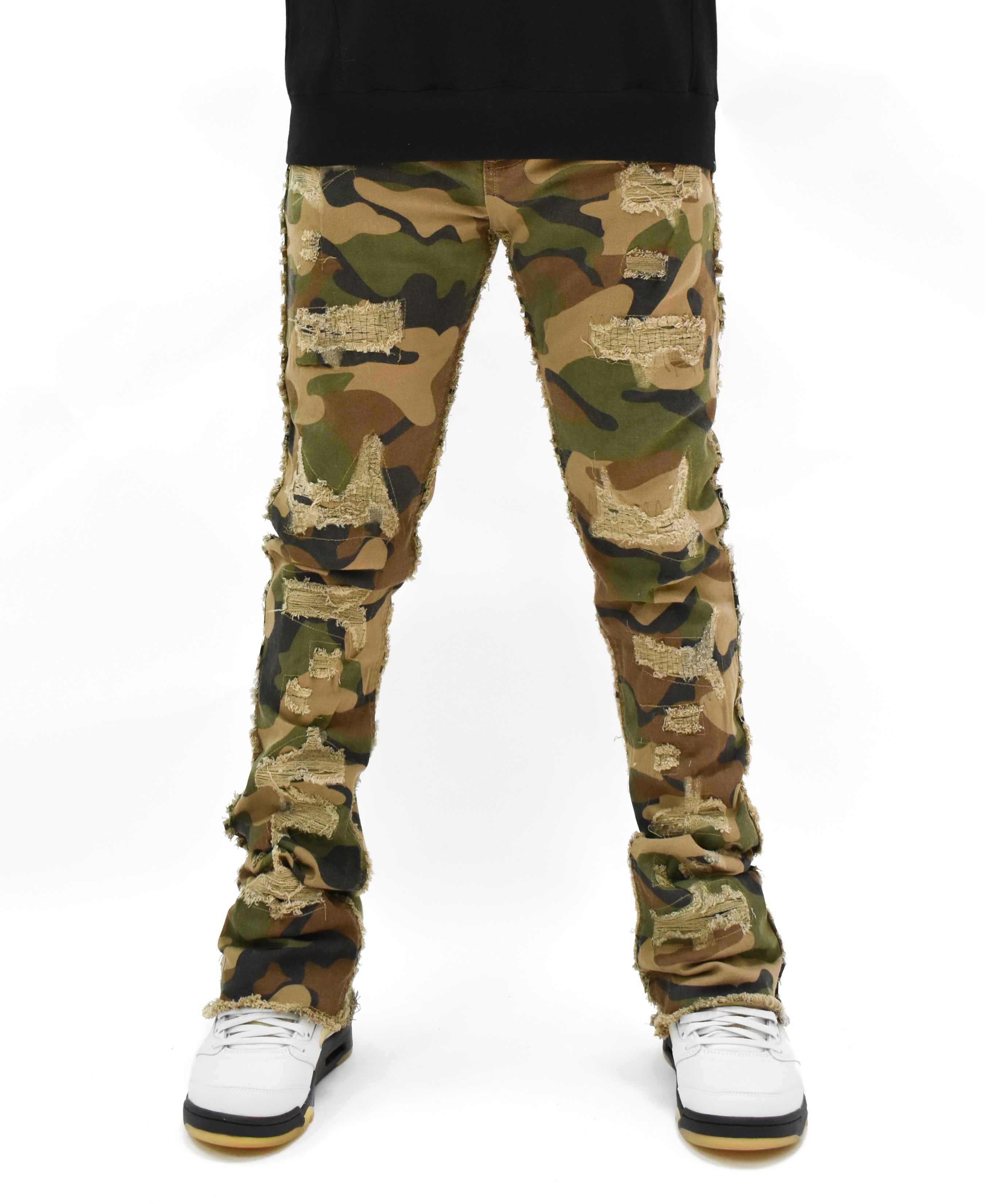 FW330104 Frayed Camo Stacked Denim